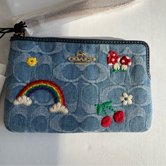 Coach Corner Zip Wristlet Signature Denim Embroidered Rainbow NWT - Picture 6 of 16